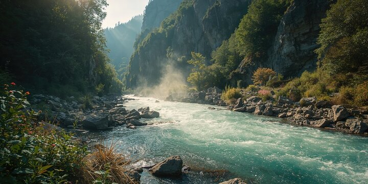 Mountain stream navigating a narrow gorge in the Trenta Valley, highlighting erosion processes