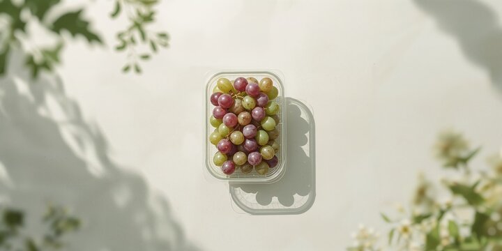 Seasonal grapes displayed in plastic packaging on a background, supporting plant-based diet options