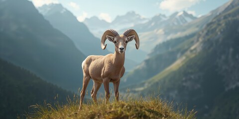Obraz premium Young bighorn sheep during summer afternoon, highlighting animal development and outdoor environment