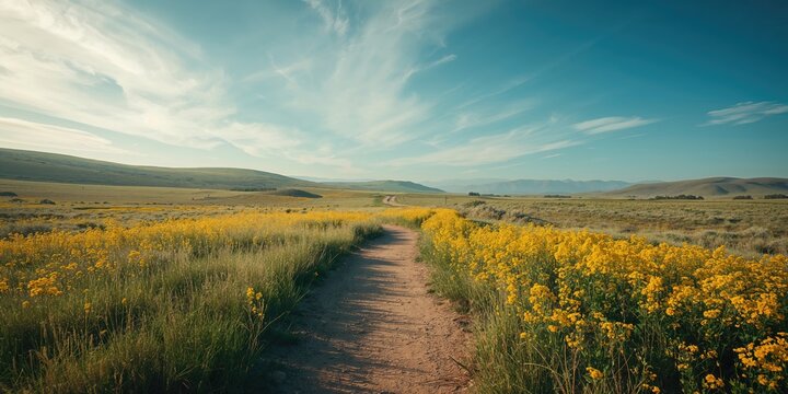 Springtime hiking path amid lush prairie with mustard wildflowers and grasslands, focusing on outdoor recreation safety