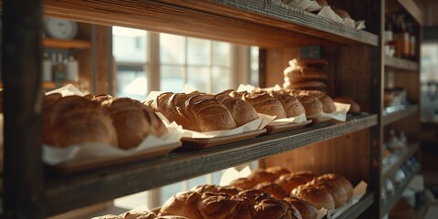 Bread loaves arranged on bakery shelves, focusing on display and storage efficiency
