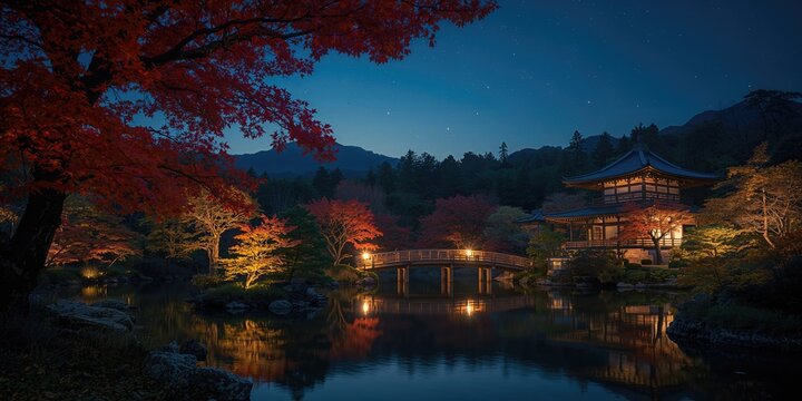 Autumn foliage in Kyoto's Eikando Garden at night, highlighting seasonal change and garden tranquility
