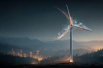 Modern wind turbine with glowing light trails in a futuristic energy landscape at dusk