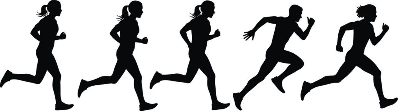 Male and female runners sprinting motion sequence silhouettes showing speed endurance fitness training isolated on white background