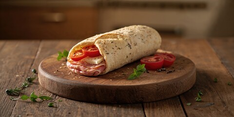 Fish shawarma garnished with herbs on a wooden platter, highlighting seafood and herbs in a nutritious dish, World Seafood Day