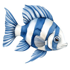 Blue and white striped fish in a 2D watercolor pattern, isolated on a transparent background.