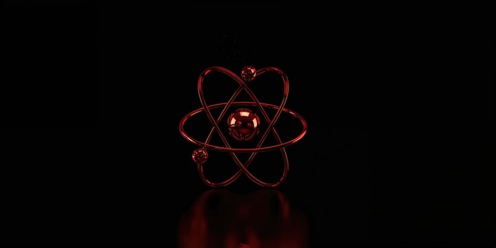 Atomic model with red reflective surfaces on a black background, used for molecular research or education - Powered by Adobe