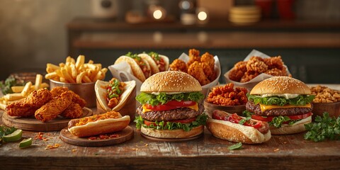 Variety of fast food items including hot dogs, burgers, tacos, and fries, processed ingredients and high saturated fat content, World Food Day