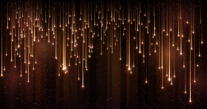 Falling stars on dark shimmer background, realistic falling lights, flying comets with sparkling blur golden trial