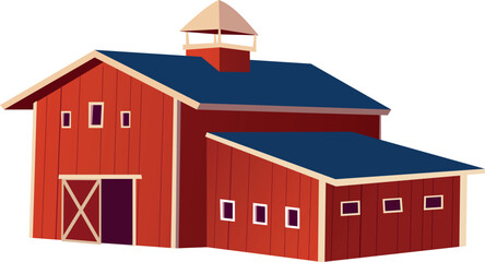 Red wooden barn with a blue roof, ventilation chimney, and open gate. © sabelskaya
