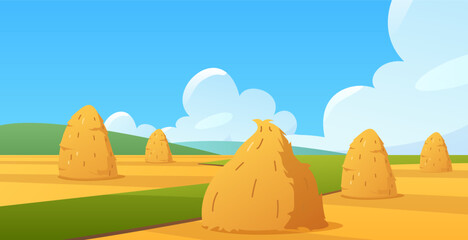 Haystacks in fields vector flat illustration, cartoon bale of hay straw barn and cone hayloft on autumn nature landscape © sabelskaya