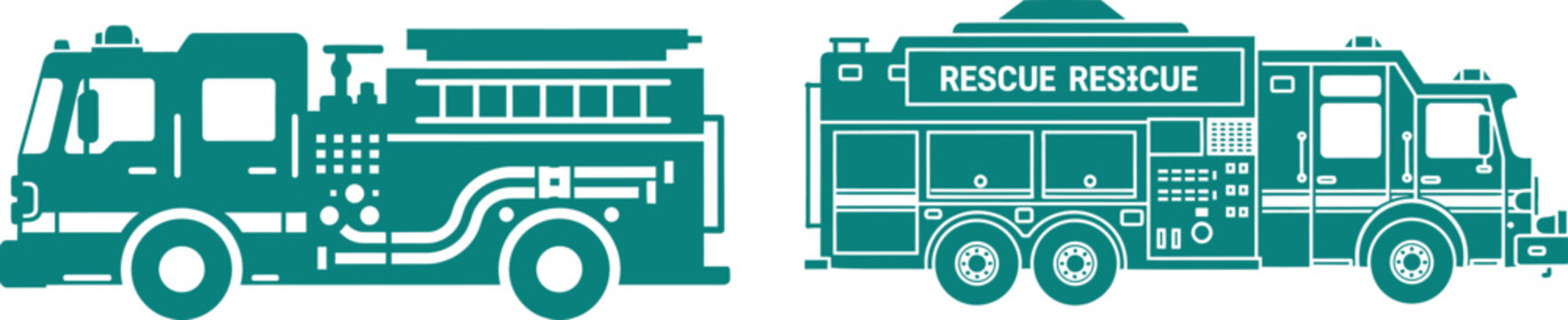 Teal Fire Truck and Rescue Truck Icons on White Background fire engine emergency vehicle