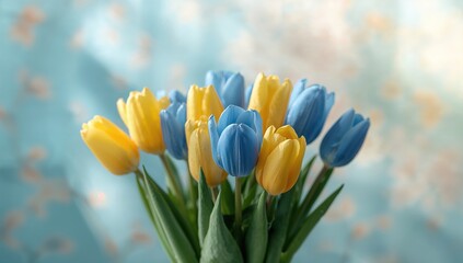 Close-up of yellow and blue tulips with petals on a floral backdrop, ideal for nature or botanical design