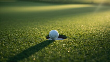 Close-up of a golf ball positioned by the hole on a manicured green, emphasizing accuracy