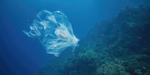 Fototapeta premium Marine environment contaminated by plastic debris mimicking jellyfish forms, impacting coral reefs and ocean health