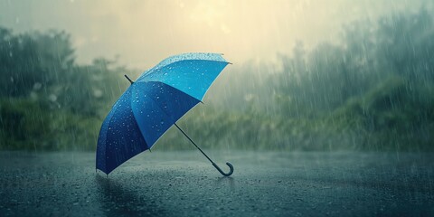 Urban setting featuring a blue umbrella shielding from rainfall, highlighting weather resistance