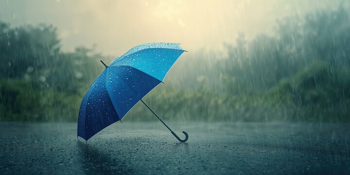 Urban setting featuring a blue umbrella shielding from rainfall, highlighting weather resistance