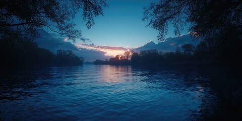 River at night with reflections ideal for editorial header backgrounds, Earth Day