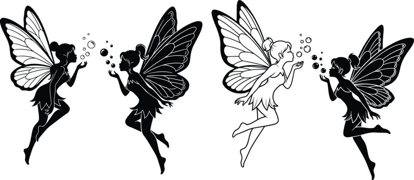 Fairies blowing soap bubbles, isolated monochrome illustration with transparent wings, flying girl silhouettes
