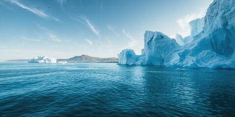 Massive ice formations grounded along a rugged shoreline, highlighting environmental preservation