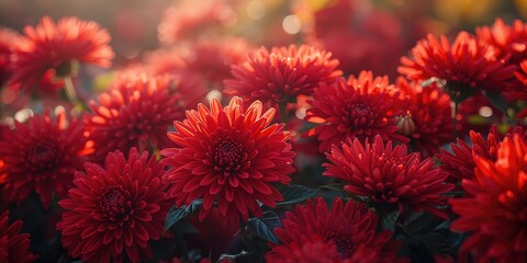 Full-frame red chrysanthemum flowers in bloom on a bright sunny day, serving as a colorful backdrop for editorial design
