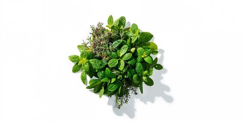 Fototapeta premium A collection of aromatic herbs displayed on a white surface, suitable for food preparation and seasoning