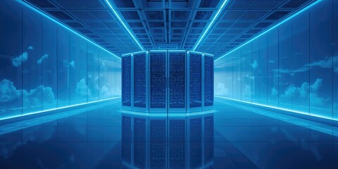 Data center with server racks and cooling systems, focusing on technology infrastructure management, Earth Day