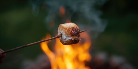 Roasted marshmallow on a stick in an outdoor setting, food safety during campfire cooking