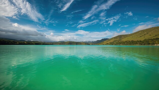 Green-colored Kaolin Lake in Belitung, Indonesia featuring rainwater accumulation and kaolinite mineral deposits