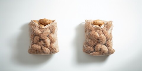 Pair of potato bags against a plain white backdrop, suitable for packaging or inventory display