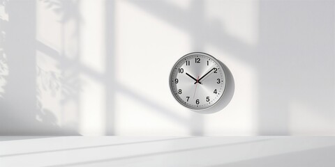 Silver wall clock on white wooden desk used as a minimalistic office decor element