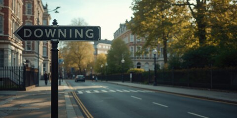 Road sign for Downing Street in London, urban wayfinding for government zones, infrastructure signage, World Malaria Day