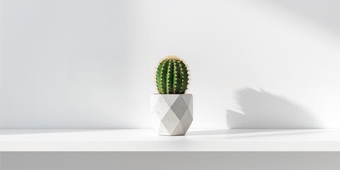 Green cactus in a modern geometric concrete planter on a white shelf, contemporary plant display practices