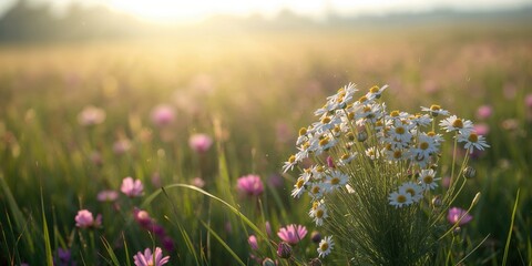 White clover, chamomile flowers and grass field under bright summer morning sunlight, suitable for nature-themed UI backgrounds