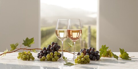 Obraz premium Two wine glasses filled with white and rosÃ© wine placed near grapes on a white background, highlighting drink service and fruit display, International Beverage Day
