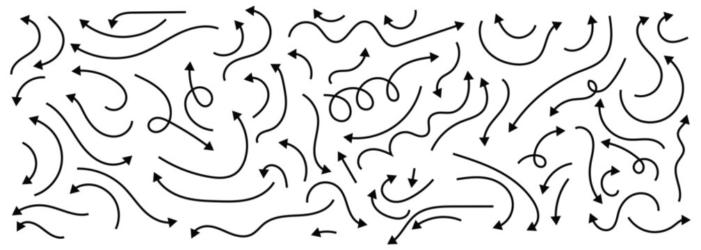 Collection of hand drawn doodle arrows with curved lines. Black thin line arrows indicating different direction. Doodle arrows isolated on white background.