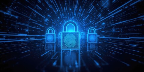 Security system featuring fingerprint scan and digital lock within a neon-lit tunnel, highlighting online protection