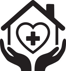 Obraz premium Black house icon with heart and cross symbol cradled by hands home love
