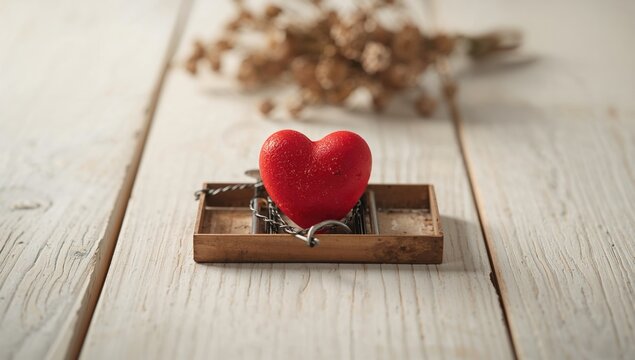 A red heart caught in a rat trap on a white wooden background, symbolizing emotional entrapment and vulnerability, World Mental Health Day
