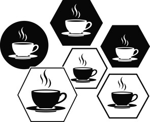 Minimal black and white coffee cup icon set in hexagon and circle shapes, steaming hot beverage symbols ideal for cafe branding, menu design, and graphic use