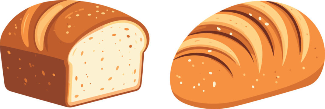 Detailed Illustration of Freshly Baked Whole Wheat Bread Loaf and Sliced Crusty White Bread