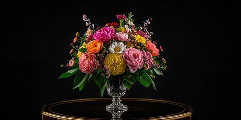 Plastic handmade floral arrangement in a vase on a table against a black backdrop, emphasizing seasonal decoration for Women's Day during spring and summer