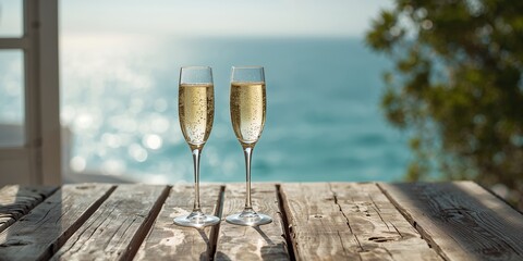 Two glasses of prosecco on a rustic wooden table in bright sunlight, ideal for outdoor celebration or patio dining