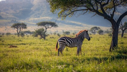 Obraz premium Zebras in a natural African park setting, emphasizing their animal markings and outdoor habitat