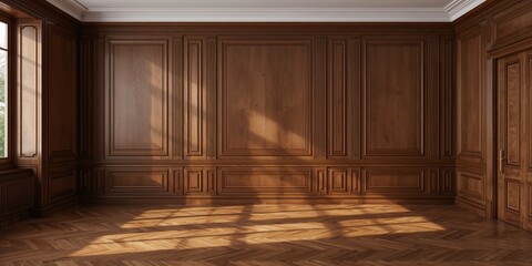 An empty room with wooden boiserie on the wall, featuring walnut wood panels used as a background for interior design projects