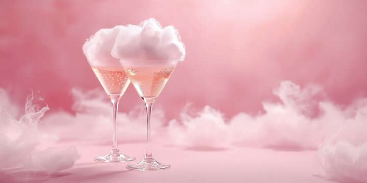 Valentine's Day beverage with cotton candy champagne in glasses on pink background, romantic celebration - Powered by Adobe
