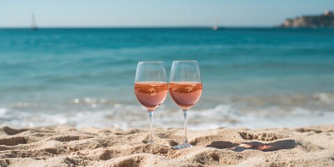 Chilled rose wine glasses resting on sandy beach surface on a sunny summer day, highlighting relaxation and refreshment, summer holiday
