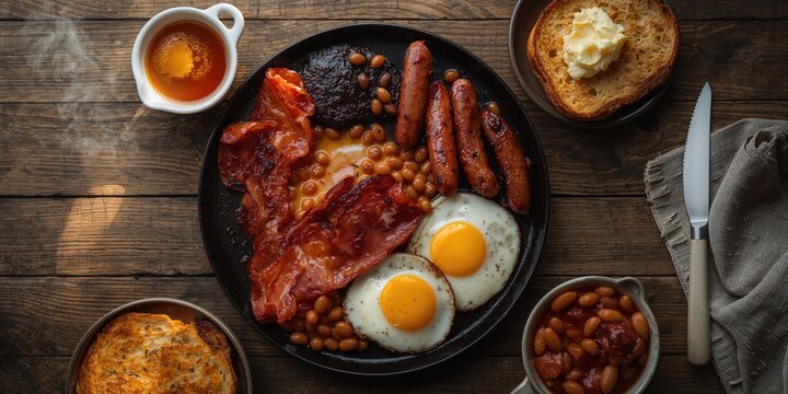 Full fry up breakfast with fried eggs, sausages, bacon, black pudding, beans, toasts and tea on wooden background, traditional meal presentation