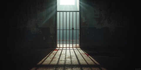 Aged prison cell featuring rusted metal bars and lock mechanism, highlighting deterioration and confinement