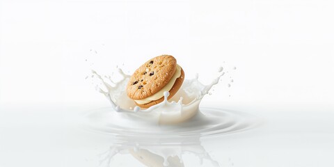 Sandwich cookie immersed in milk splash, illustrating snack preparation and freshness, National Snack Food Day
